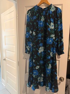 J. Crew Black Long-Sleeve Midi Dress with Blue Floral Print